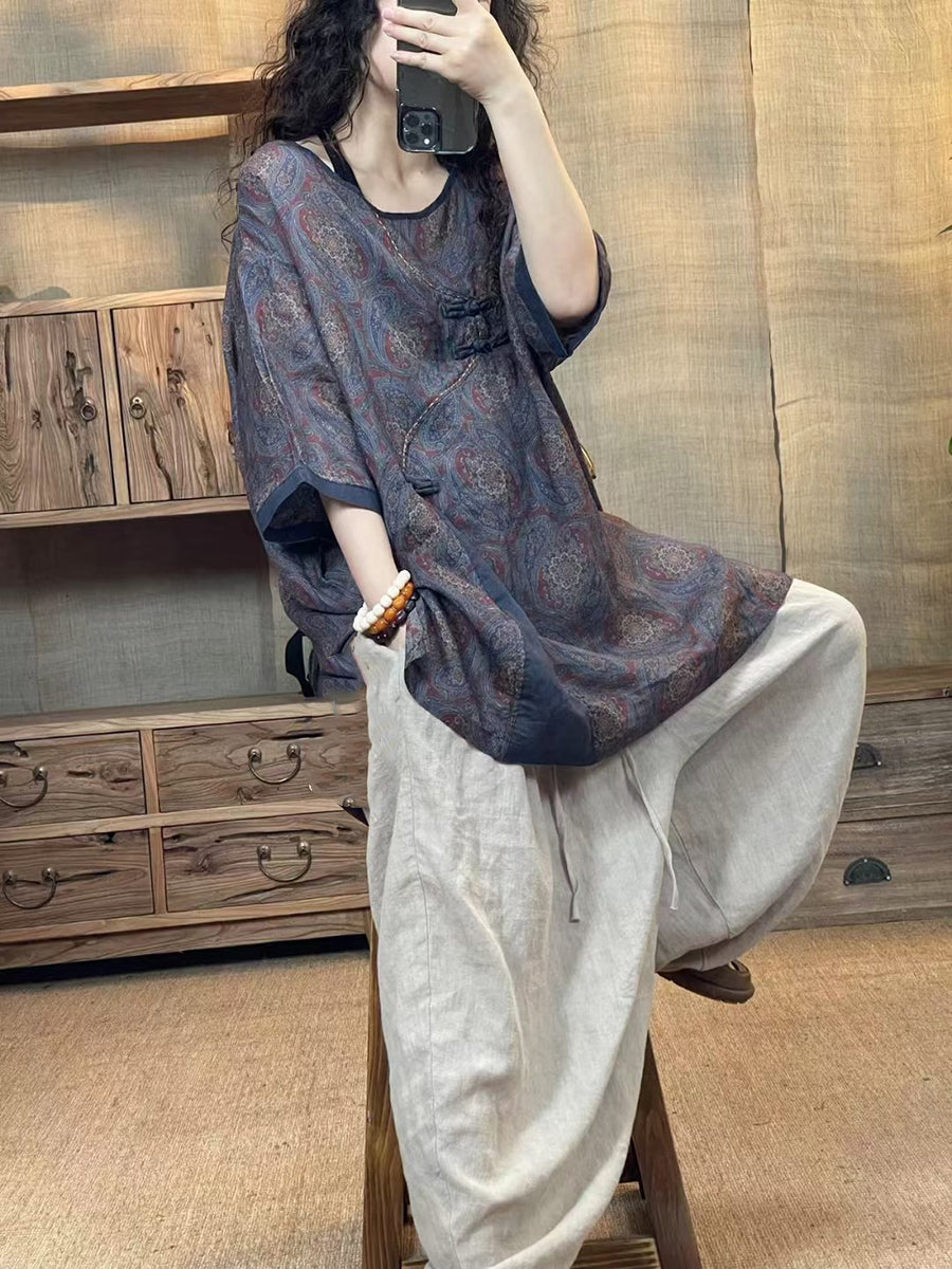 Women Summer Ethnic Flower Buckle O-Neck Linen Shirt HH010