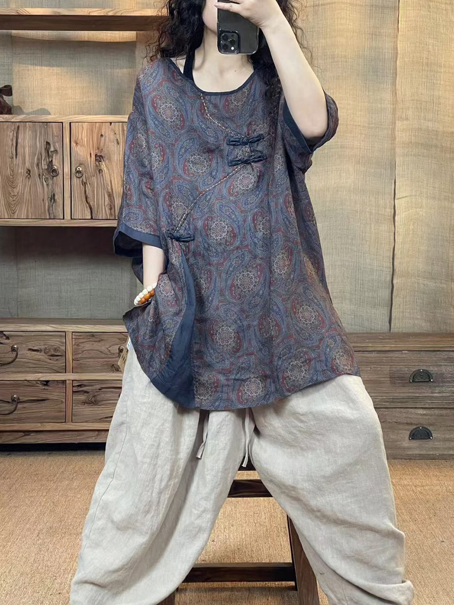 Women Summer Ethnic Flower Buckle O-Neck Linen Shirt HH010