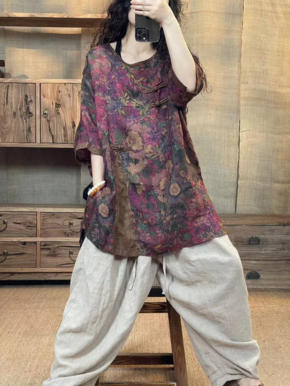 Women Summer Ethnic Flower Buckle O-Neck Linen Shirt HH010