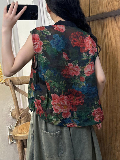 Women Summer Vintage Flower Spliced O-Neck Ramie Shirt HH015