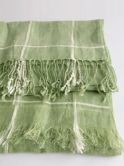 Women Artsy Plaid Linen Shawl Tassel Scarf HH017