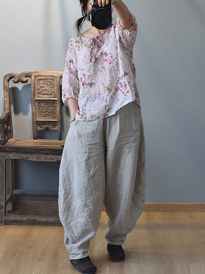 Women Summer Vintage Solid Linen Harem Pants LL029