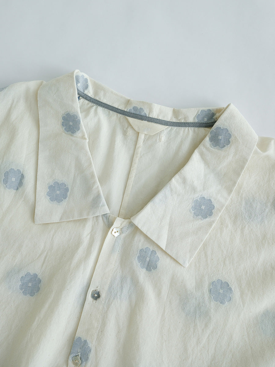 Women Summer Artsy Flower Jacquard Button-up Cotton Shirt LL031