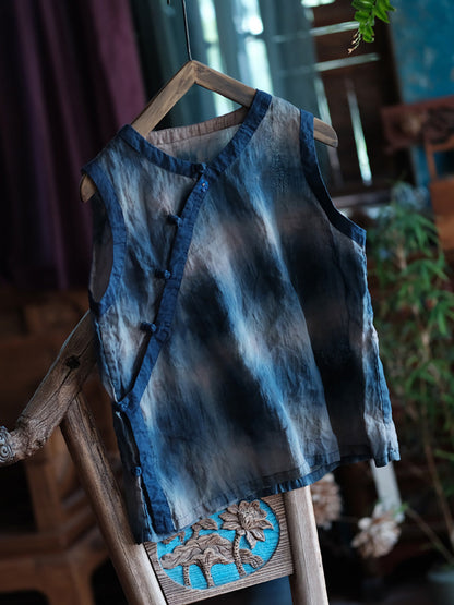 Women Summer Vintage Tie-dye Spliced Ramie Vest LL033