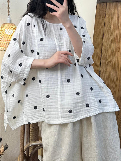 Women Summer Artsy Dot Loose Cotton Shirt LL050