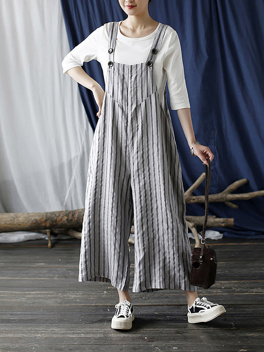 Women Summer Casual Stripe Wide-leg Linen Jumpsuits LL008