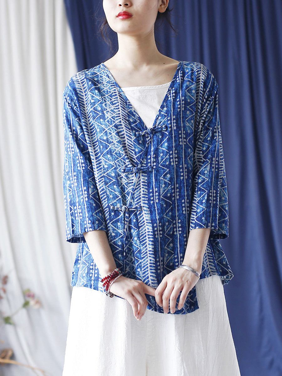 Women Summer Ethnic Print Slant Button-up V-Neck Shirt LL011