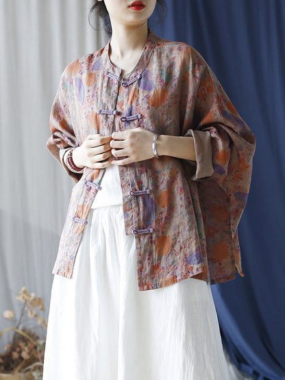 Women Summer Vintage Floral Button-up Ramie Shirt LL021