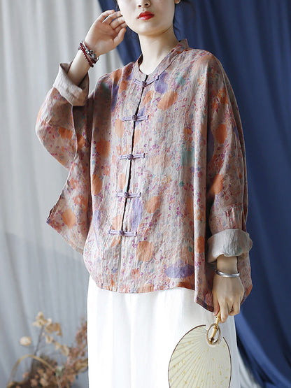 Women Summer Vintage Floral Button-up Ramie Shirt LL021