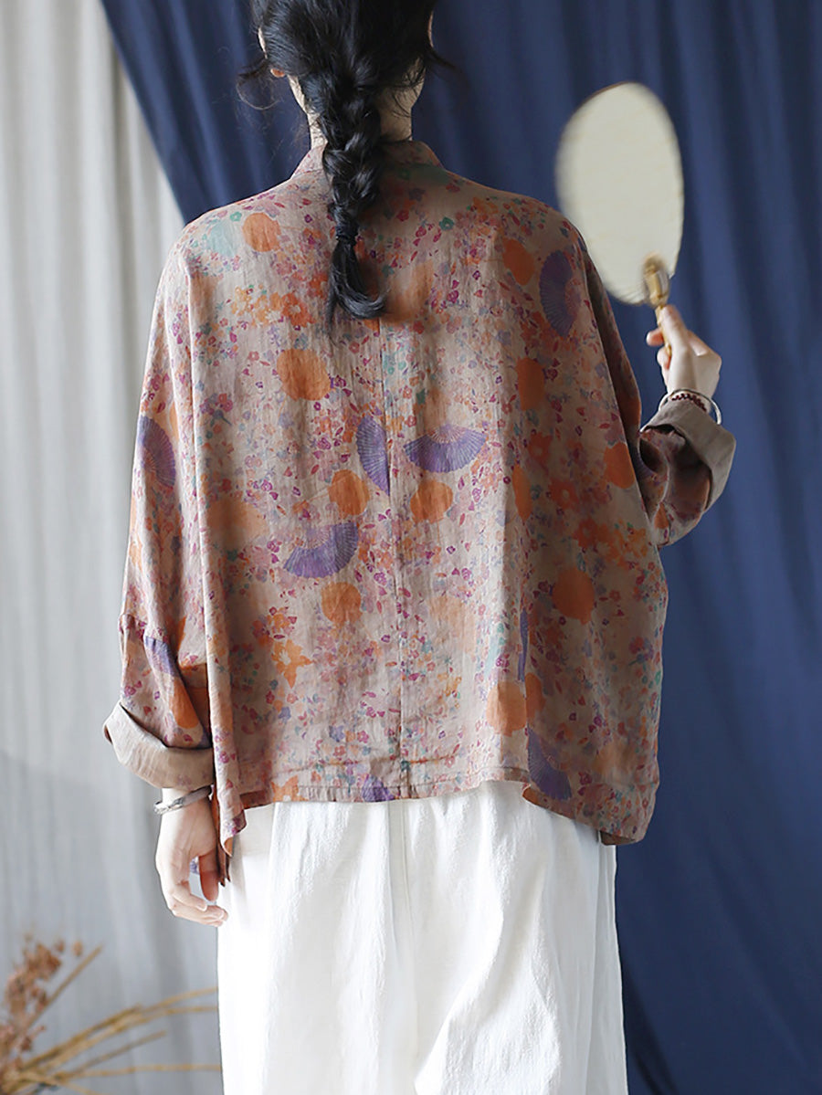 Women Summer Vintage Floral Button-up Ramie Shirt LL021