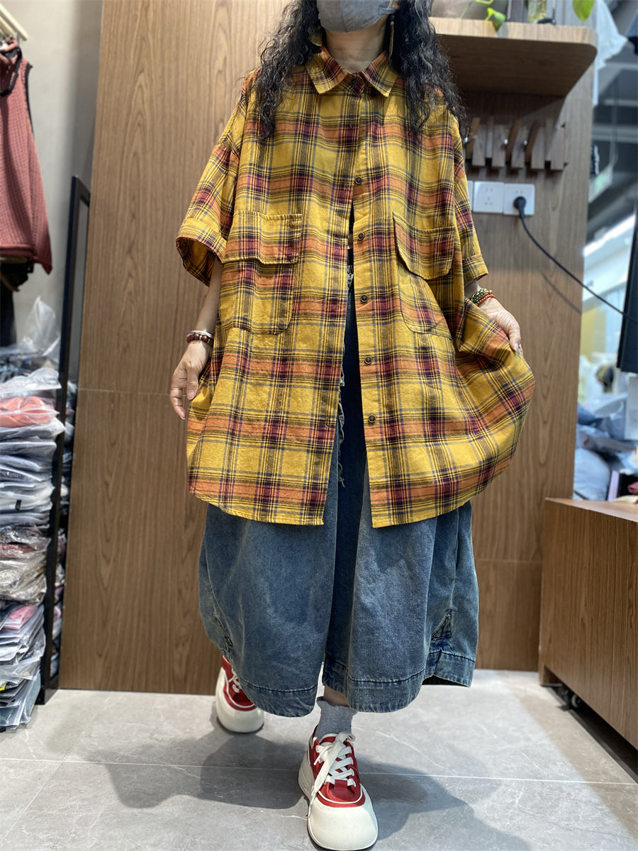 Women Summer Vintage Plaid Button-up Cotton Shirt LL013