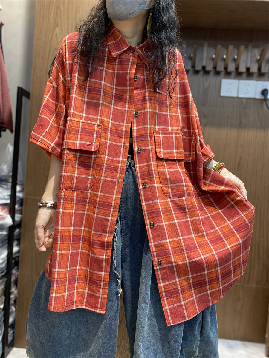 Women Summer Vintage Plaid Button-up Cotton Shirt LL013