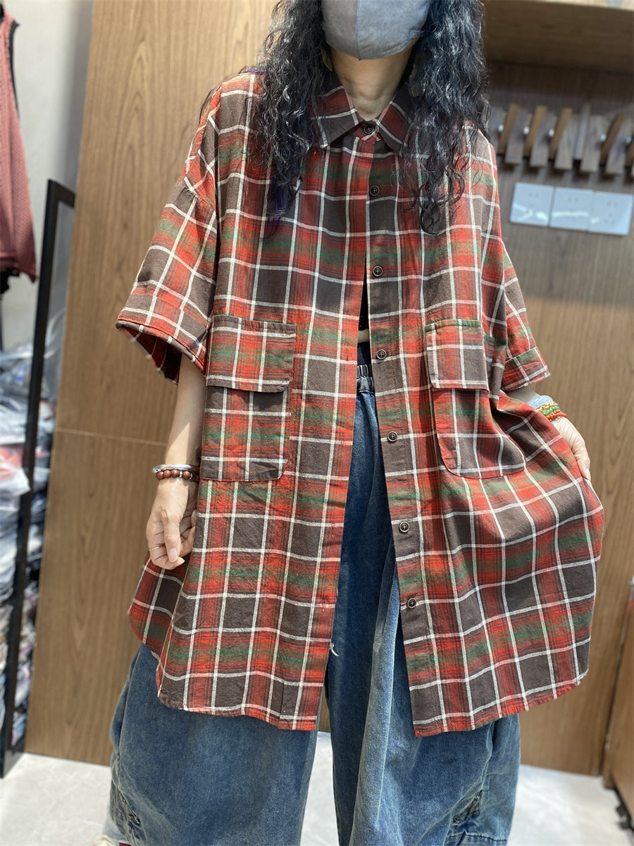 Women Summer Vintage Plaid Button-up Cotton Shirt LL013