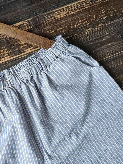 Damen Sommerhose mit weitem Bein und Streifenmuster, Leinen-Baumwoll-Stoff CC042