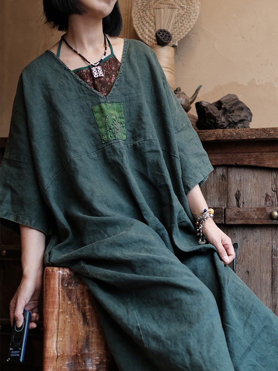 Women Summer Vintage Spliced V-Neck 100%Linen Dress CC048