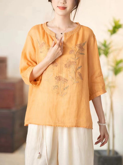 Women Summer Vintage Flower Embroidery V-neck Ramie Shirt CC036