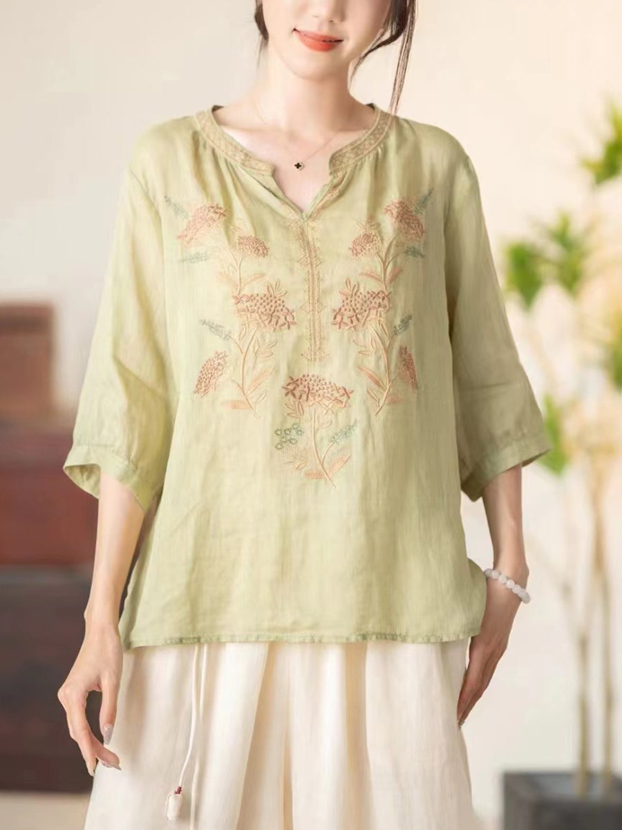 Women Summer Vintage Flower Embroidery V-neck Ramie Shirt CC036