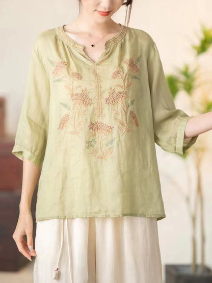 Women Summer Vintage Flower Embroidery V-neck Ramie Shirt CC036