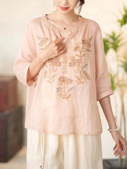 Women Summer Vintage Flower Embroidery V-neck Ramie Shirt CC036