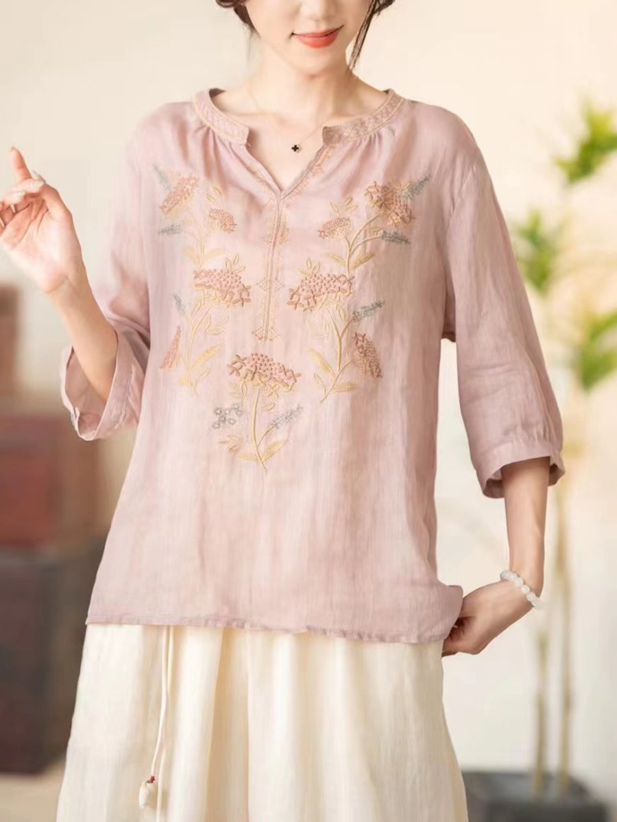 Women Summer Vintage Flower Embroidery V-neck Ramie Shirt CC036