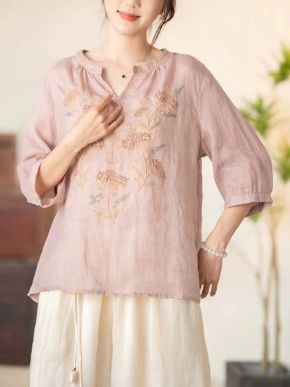 Women Summer Vintage Flower Embroidery V-neck Ramie Shirt CC036