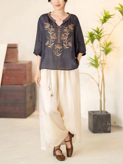 Women Summer Vintage Flower Embroidery V-neck Ramie Shirt CC036