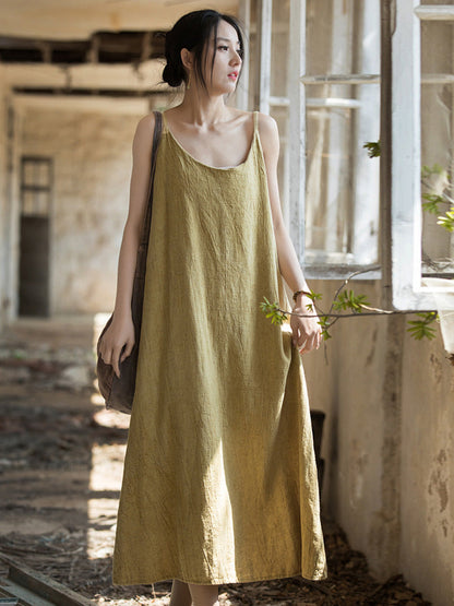 Women Summer Vintage Solid Loose Linen Cotton Vest Dress CC007