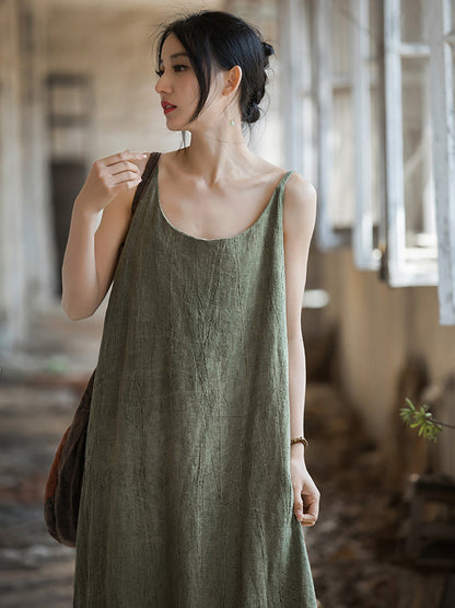 Women Summer Vintage Solid Loose Linen Cotton Vest Dress CC007