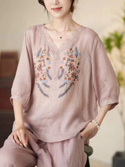 Chemise d'été en ramie à col en V et broderie florale artistique pour femmes CC009