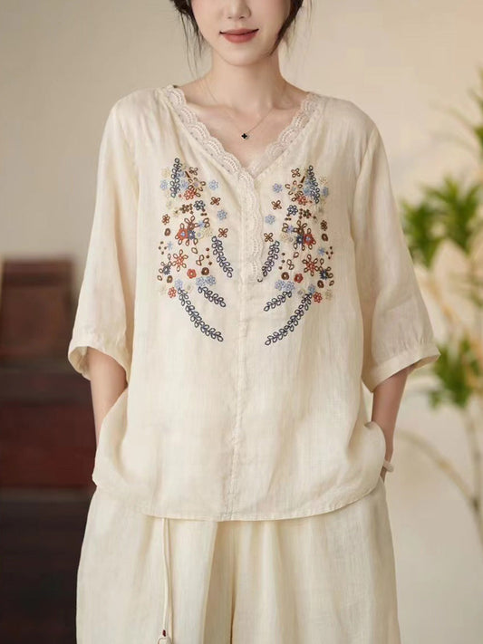 Women Summer Artsy Floral Embroidery V-Neck Ramie Shirt CC009