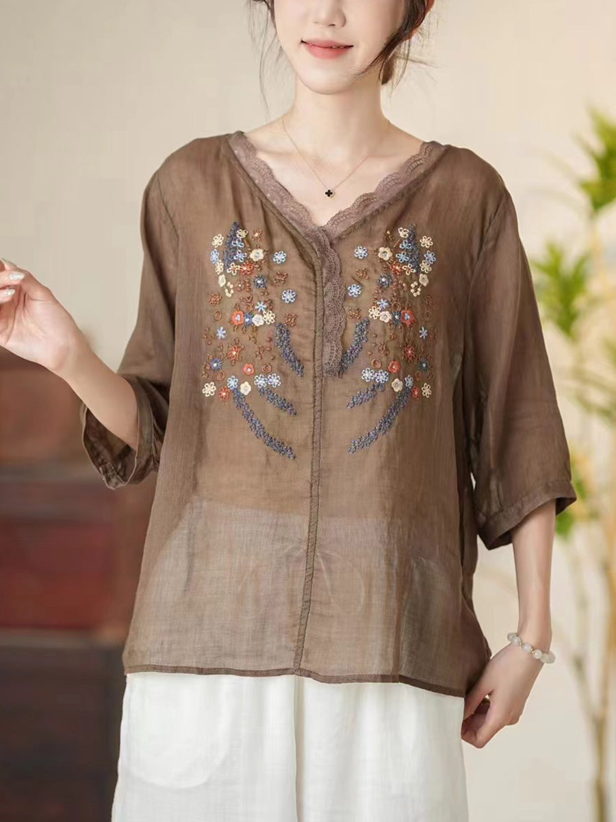 Chemise d'été en ramie à col en V et broderie florale artistique pour femmes CC009