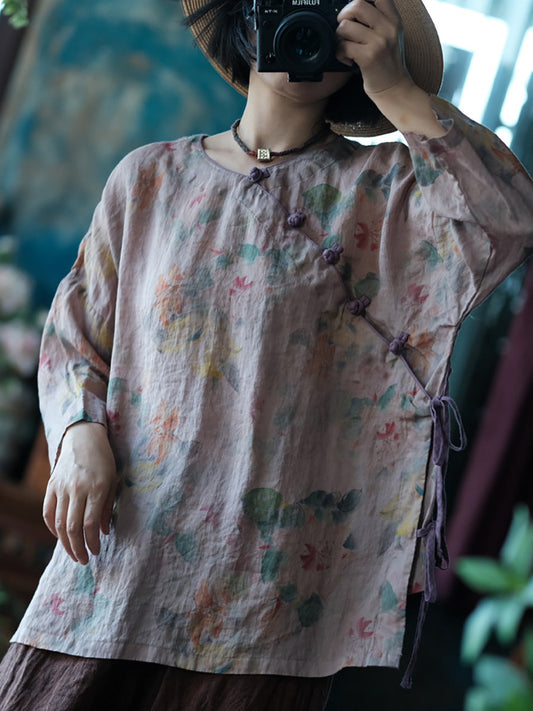 Women Summer Vintage Flower Strap Linen Shirt CC013