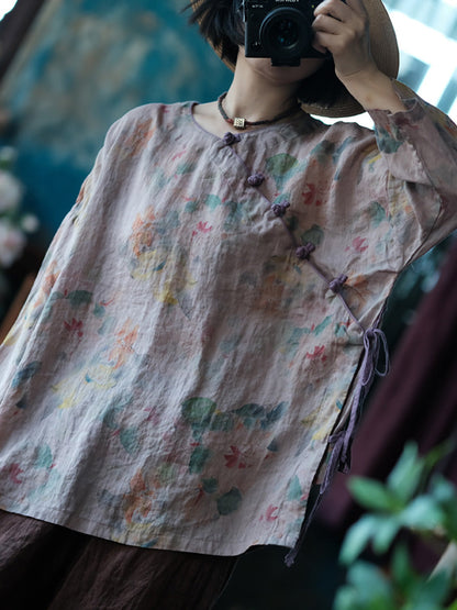 Women Summer Vintage Flower Strap Linen Shirt CC013