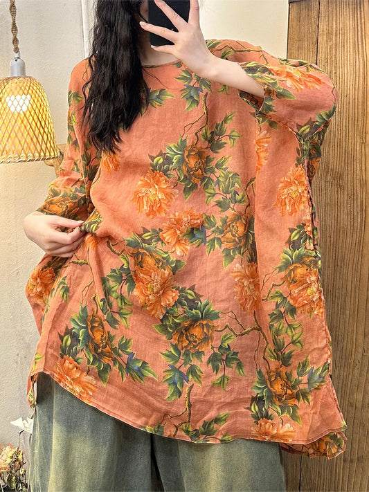 Women Summer Vintage Flower O-Neck Ramie Shirt CC017