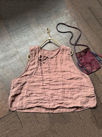 Women Summer Vintage Solid Buckle Linen Vest CC015