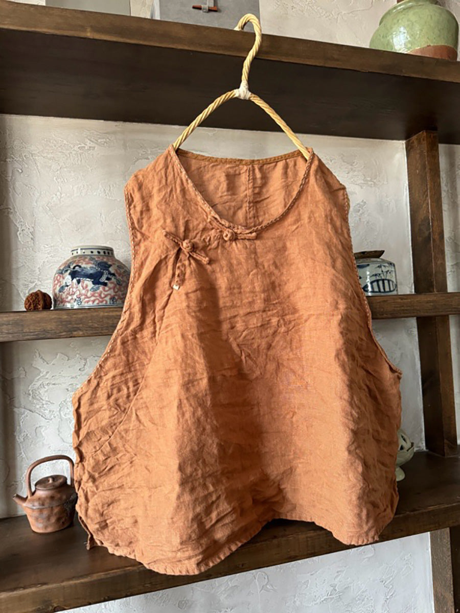 Women Summer Vintage Solid Buckle Linen Vest CC015