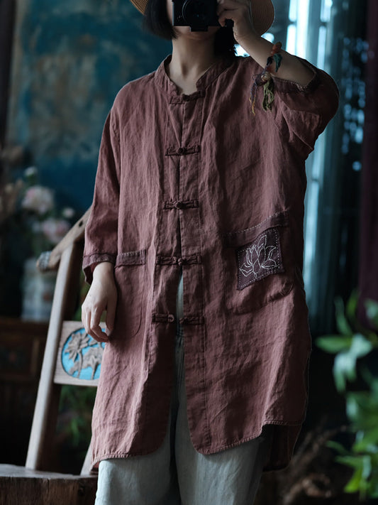 Women Summer Vintage Button-up Embroidery Linen Shirt Coat CC021