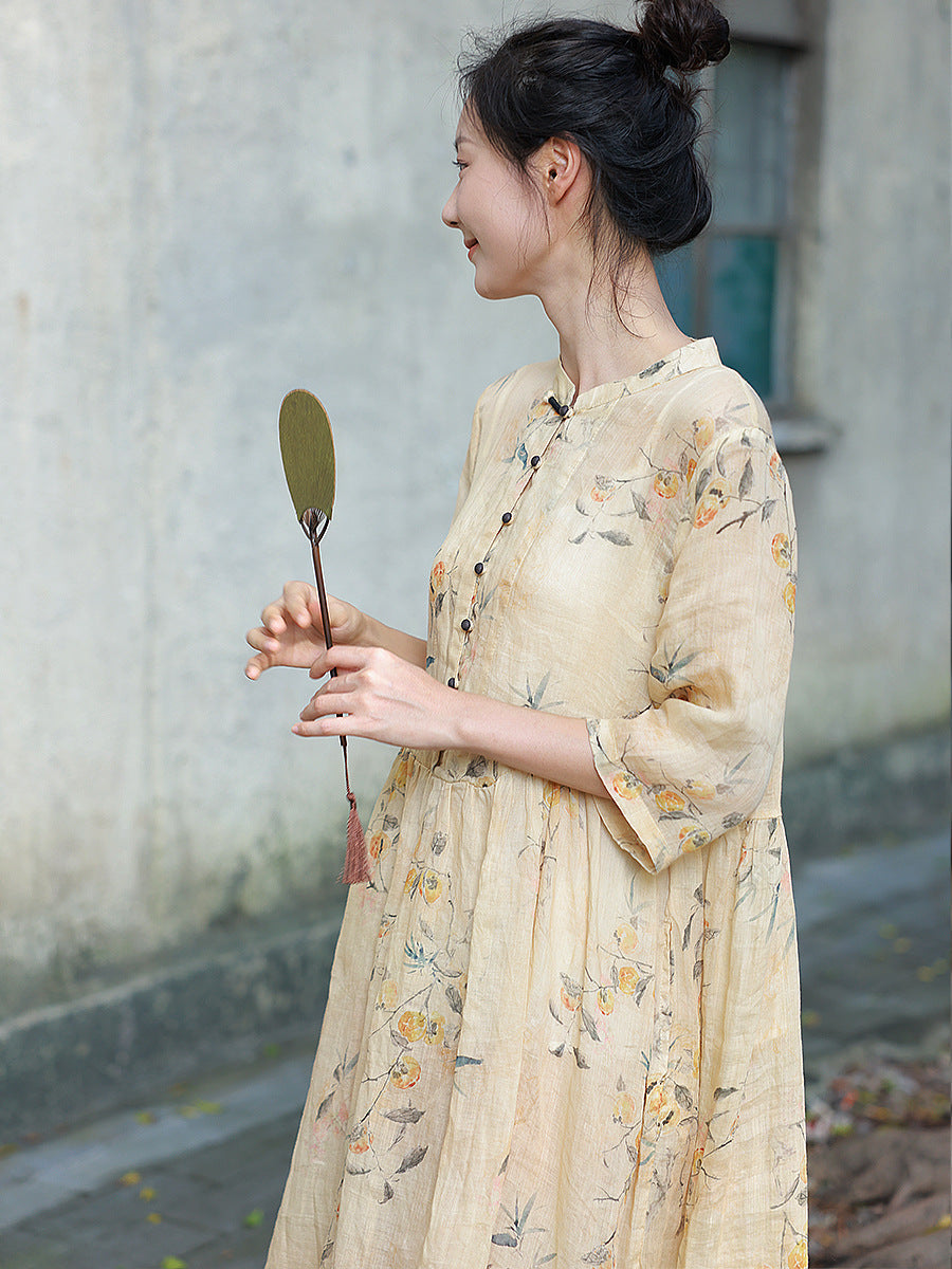 Robe d'été en ramie à col montant et boutons floraux pour femmes CC006