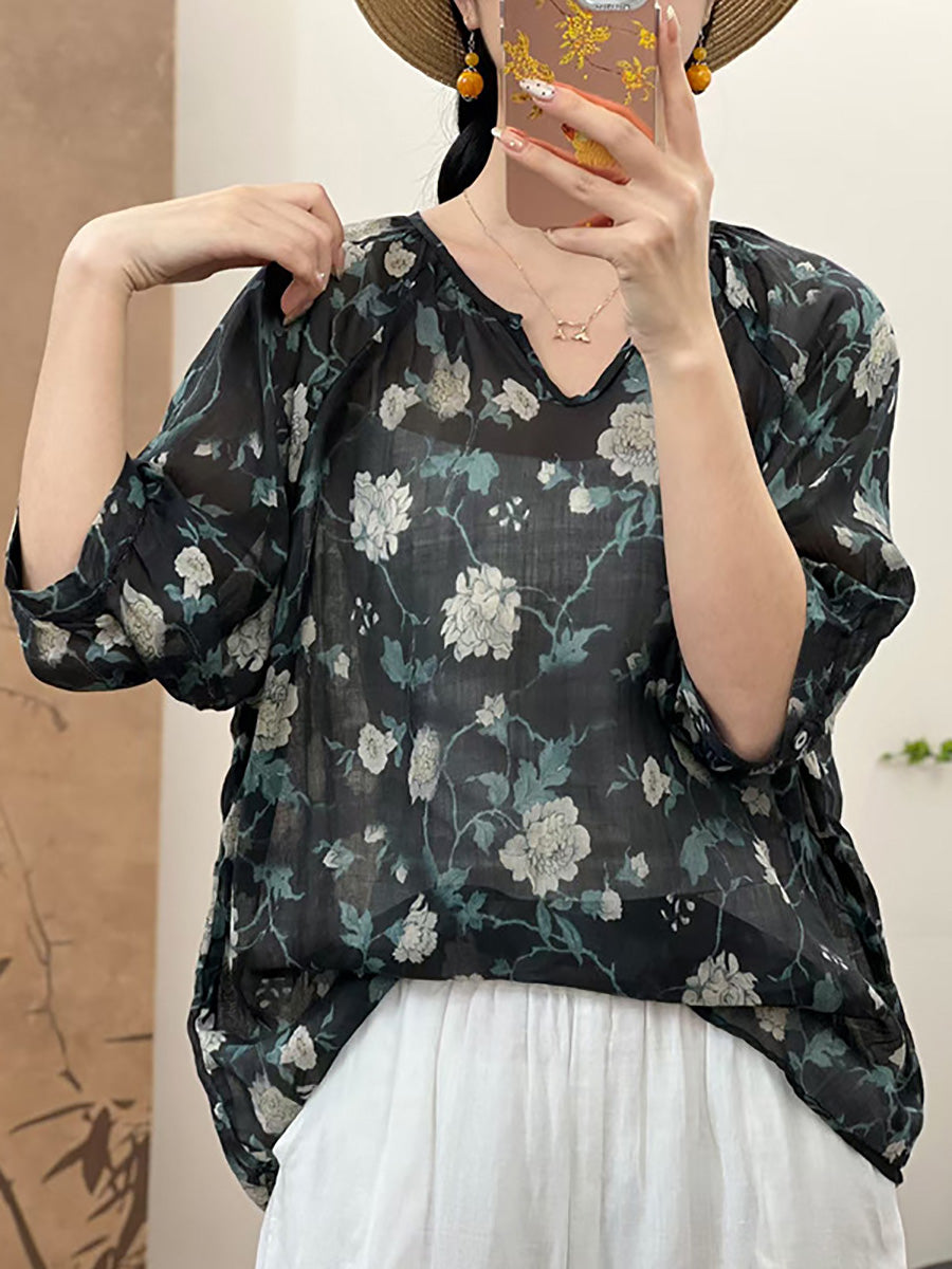 Women Summer Artsy Flower V-Neck Ramie Shirt CX009