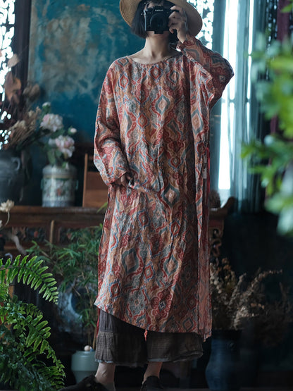 Women Vintage Print O-Neck Ramie Long Robe Shirt CX014