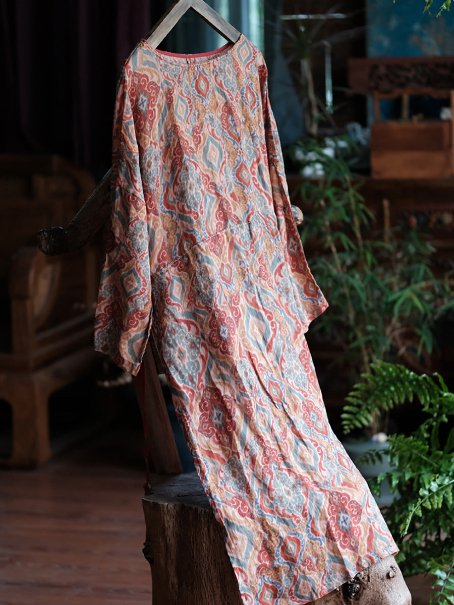 Women Vintage Print O-Neck Ramie Long Robe Shirt CX014