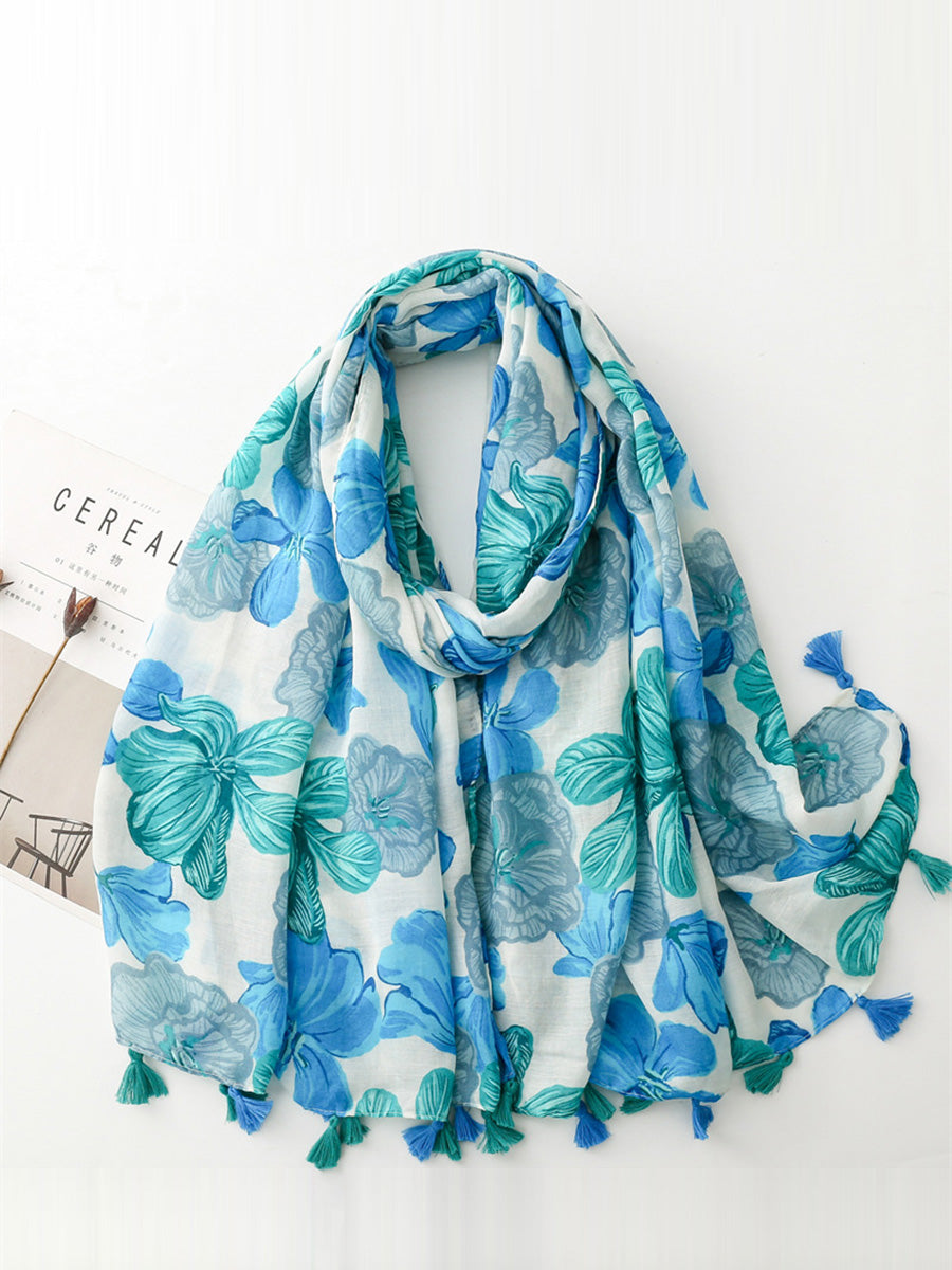 Spring Artsy Flower Print Tassel Shawl Scarf CX017