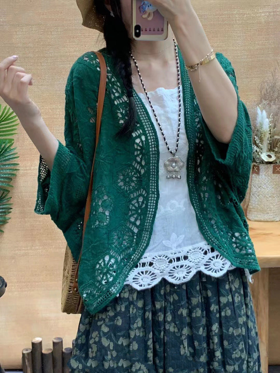 Women Summer Artsy Solid Flower Embroidery Cotton Shirt Coat CX027