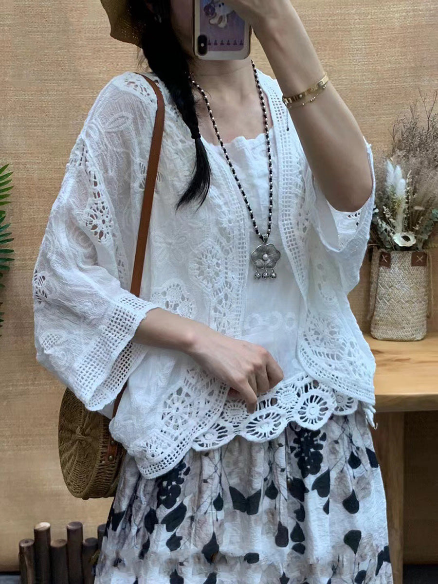 Women Summer Artsy Solid Flower Embroidery Cotton Shirt Coat CX027