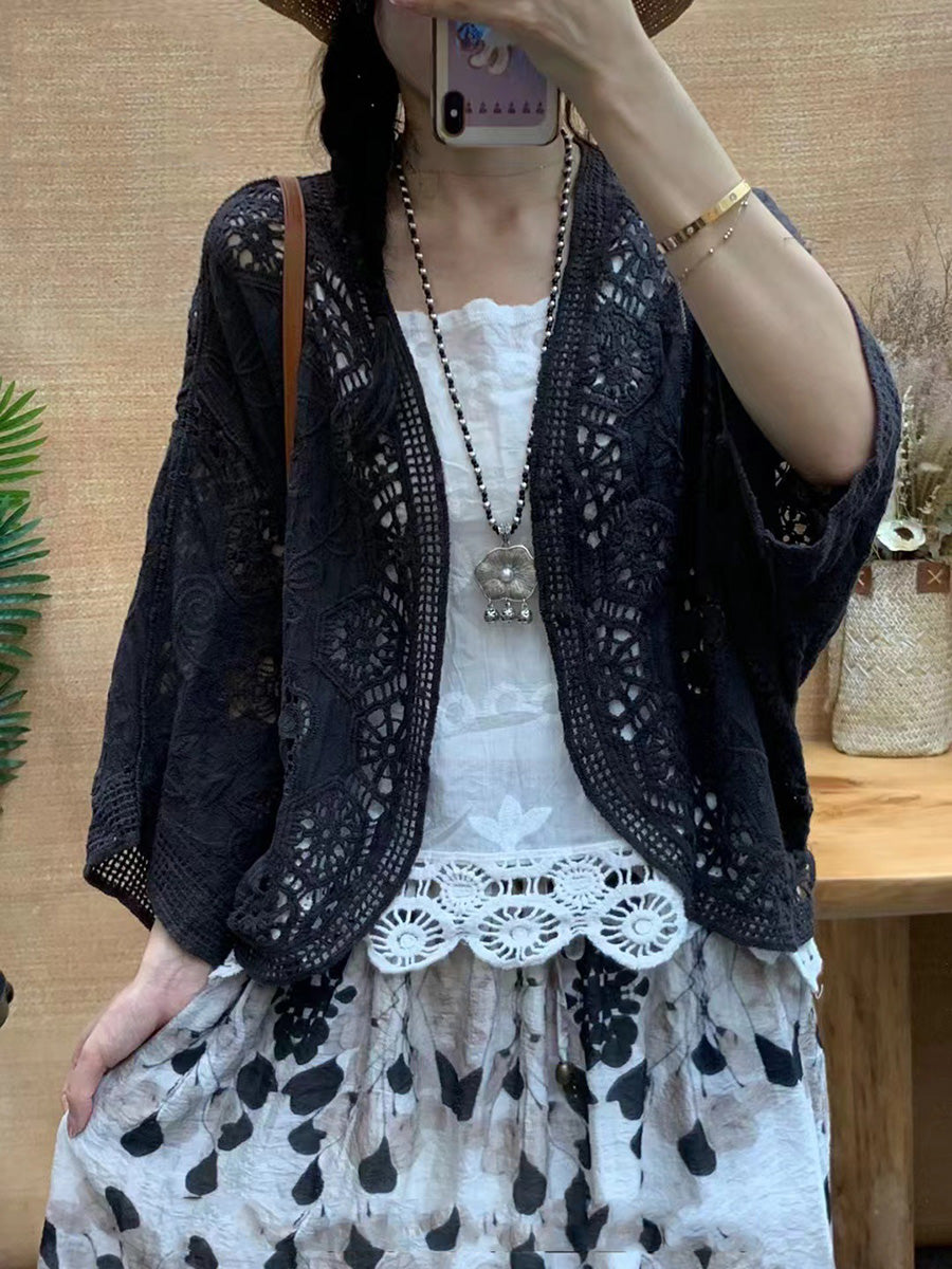 Women Summer Artsy Solid Flower Embroidery Cotton Shirt Coat CX027