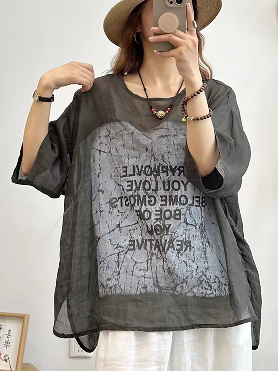 Women Summer Casual Letter Print O-Neck Linen Shirt CX034