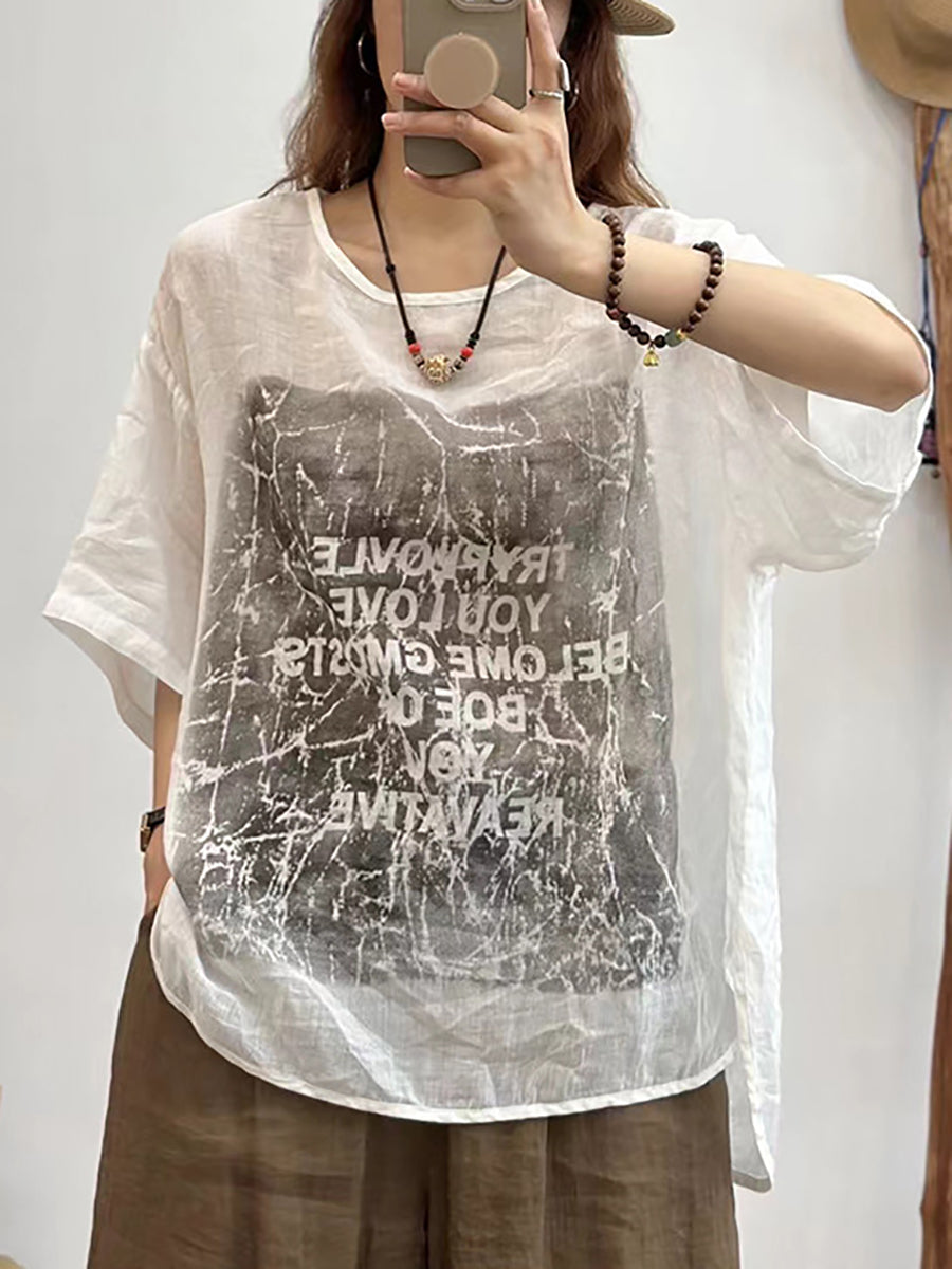 Women Summer Casual Letter Print O-Neck Linen Shirt CX034