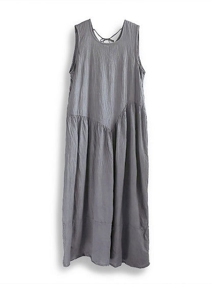 Women Retro Summer Solid Cotton Spliced O-Neck Vest Dress CX046