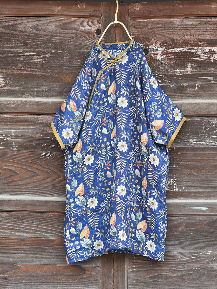 Women Summer Vintage Floral Stand Collar Linen Robe Dress CX054