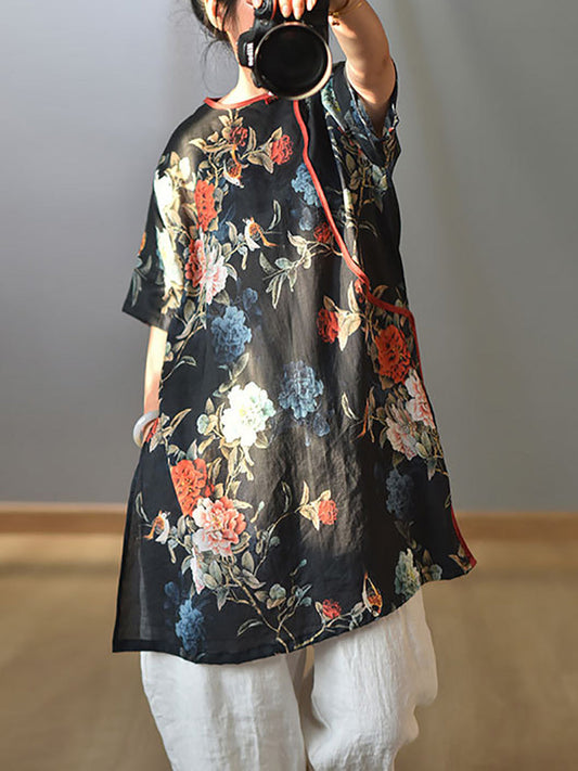 Women Summer Retro 100% Ramie Floral Print Shirt CX038